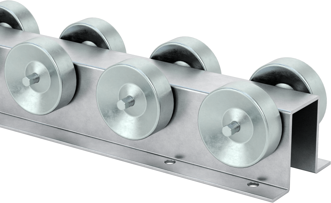 Çelik Tekerlekli Akış Rayı, 1-15/16“ Çap x 5/8” Genişlikte Tekerlekler ve Galvanizli Çelik Çerçeve ile, 5 Fit Uzunluk