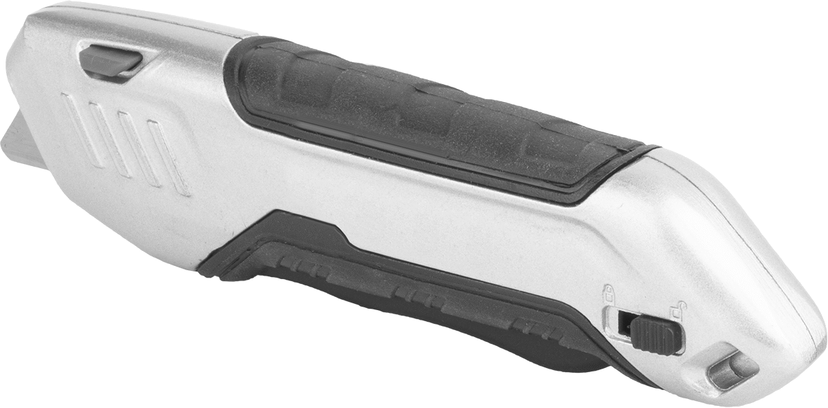 Otomatik Geri Çekilebilir Bıçaklı Maket Bıçağı, 2-1/4“ Uzunluk x 3/4” Genişlik Bıçak, 6-3/4" Kapalı Uzunluk, Metal Sap