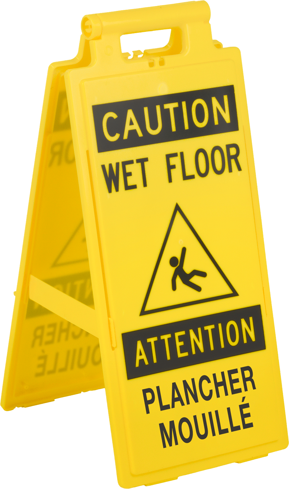 Caution—Wet Floor/Attention—Plancher Mouille with Watch Your Step Symbol (English/French)—Message on Front and Back