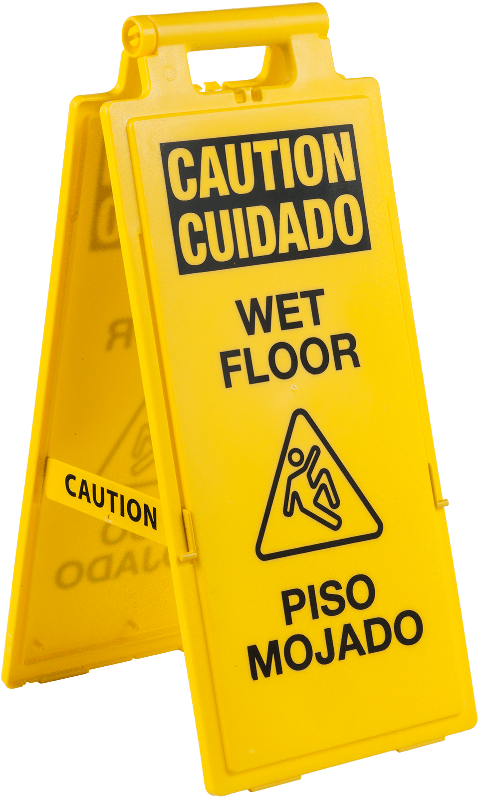 Caution—Wet Floor/Cuidado—Piso Mojado with Watch Your Step Symbol (English/Spanish)—Message on Front and Back