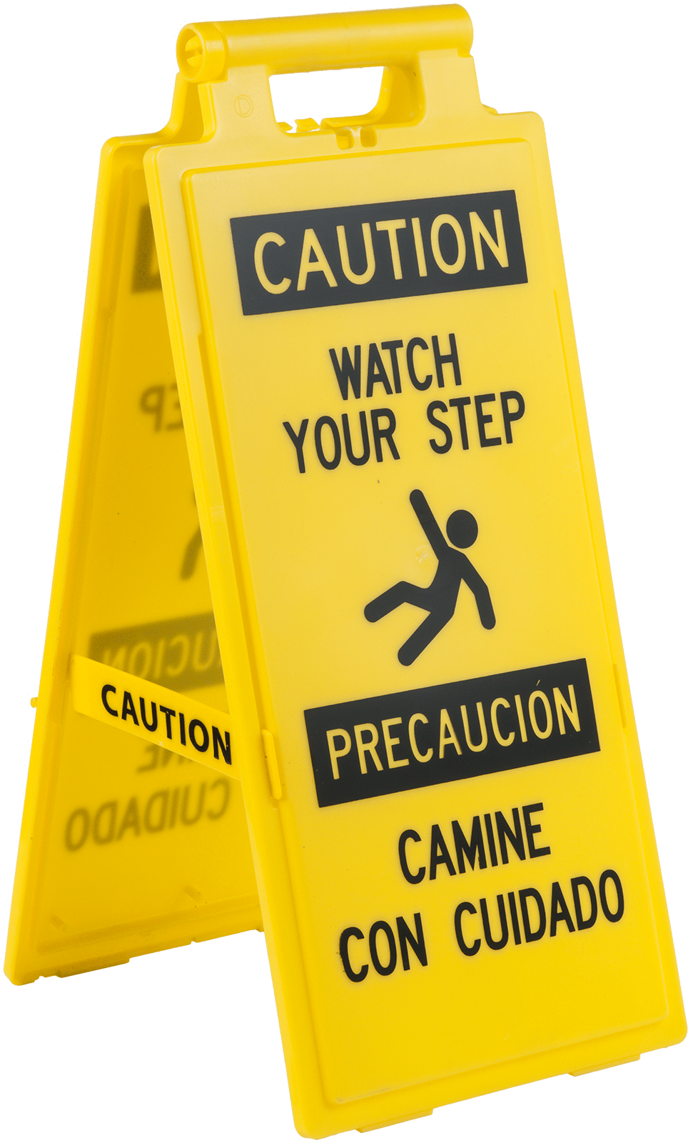 Caution—Watch Your Step/Precaucion—Camine Con Cuidado with Watch Your Step Symbol (English/Spanish)—Message on Front and Back