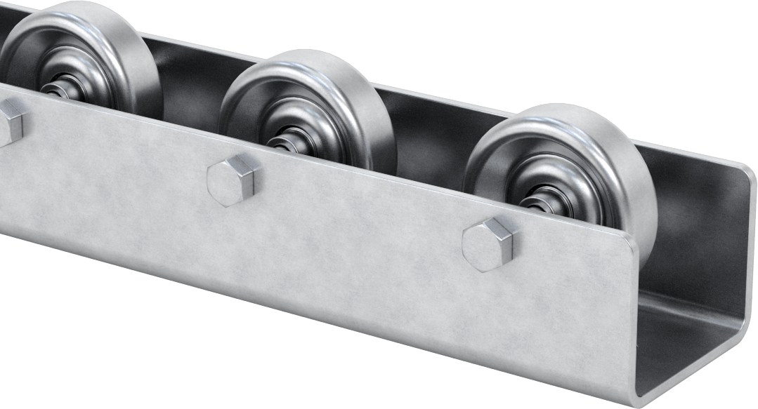 Akış Rayı, 1-15/16“ Çaplı, 19/32” Çıkıntılı Galvanizli Çelik Tekerlekler, 5 Fit Uzunluk