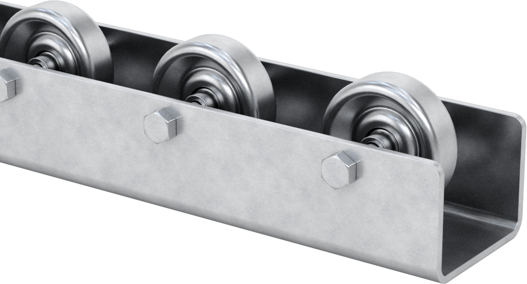 Akış Rayı, 1-15/16“ Çaplı, 19/32” Çıkıntılı Galvanizli Çelik Tekerlekler, 10 Fit Uzunluk