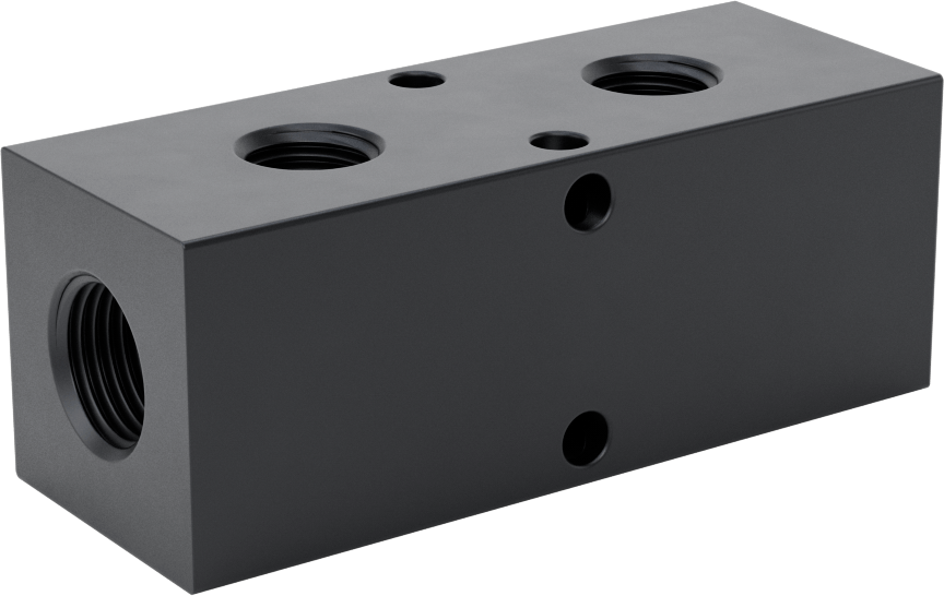 Alüminyum Dik Açılı Akış Dikdörtgen Manifold, Eloksal, 1 Tarafta 2 Çıkış, 3/8 NPT, 3-1/4" Uzunluk