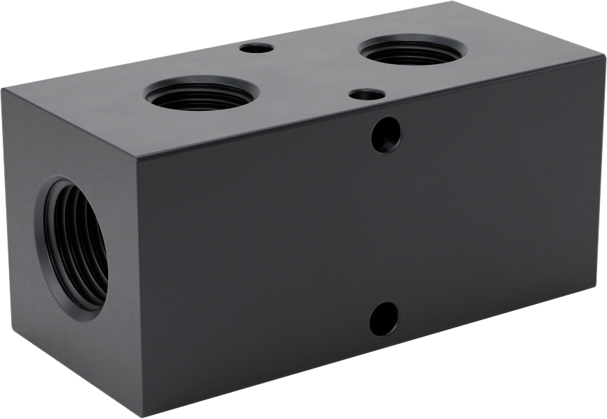 Alüminyum Dik Açılı Akış Dikdörtgen Manifold, Eloksal, 1 Tarafta 2 Çıkış, 1/2 NPT, 3-1/4" Uzunluk