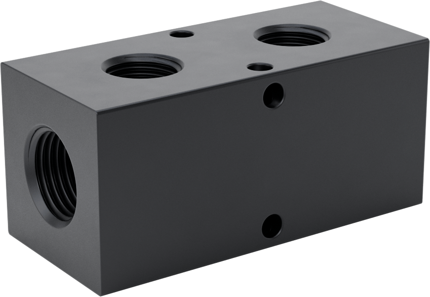 Alüminyum Dik Açılı Akış Dikdörtgen Manifold, Eloksal, 1 Tarafta 2 Çıkış, 1/2 NPT, 3-1/4" Uzunluk