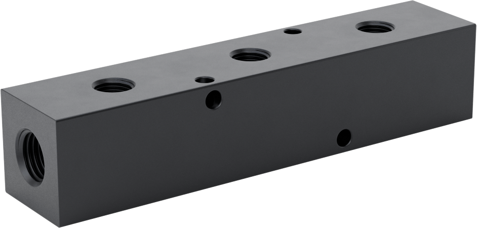Alüminyum Dik Açılı Akış Dikdörtgen Manifold, Eloksal, 1 Tarafta 3 Çıkış, 1/4 NPT, 4-3/4" Uzunluk
