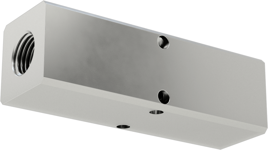 Alüminyum Dik Açılı Akış Dikdörtgen Manifold, Nikel Kaplı, 1 Tarafta 2 Çıkış, 1/4 NPT, 3-1/4" Uzunluk