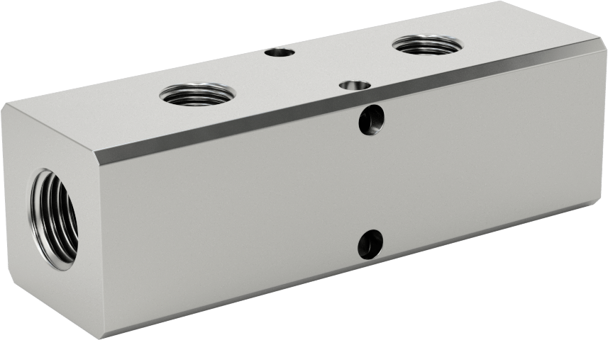 Alüminyum Dik Açılı Akış Dikdörtgen Manifold, Nikel Kaplı, 1 Tarafta 2 Çıkış, 1/4 NPT, 3-1/4" Uzunluk