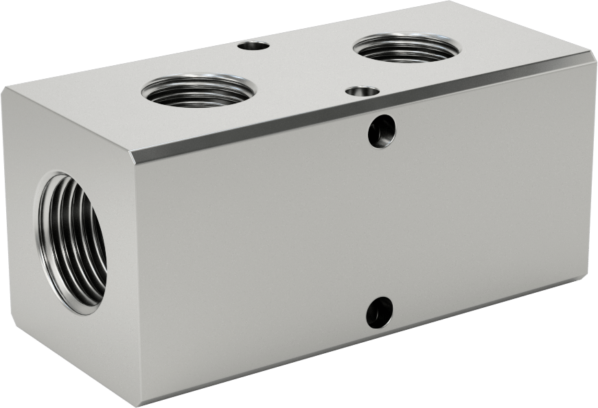 Alüminyum Dik Açılı Akış Dikdörtgen Manifold, Nikel Kaplı, 1 Tarafta 2 Çıkış, 1/2 NPT, 3-1/4" Uzunluk