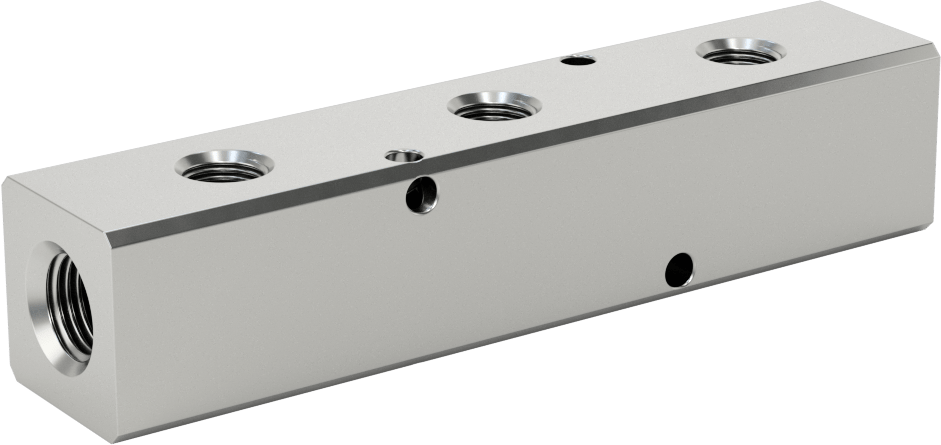 Alüminyum Dik Açılı Akış Dikdörtgen Manifold, Nikel Kaplı, 1 Tarafta 3 Çıkış, 1/4 NPT, 4-3/4" Uzunluk