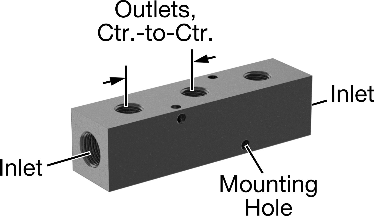 Alüminyum Dik Açılı Akış Dikdörtgen Manifold, Eloksal, 1 Tarafta 3 Çıkış, 3/8 NPT, 4-3/4" Uzunluk
