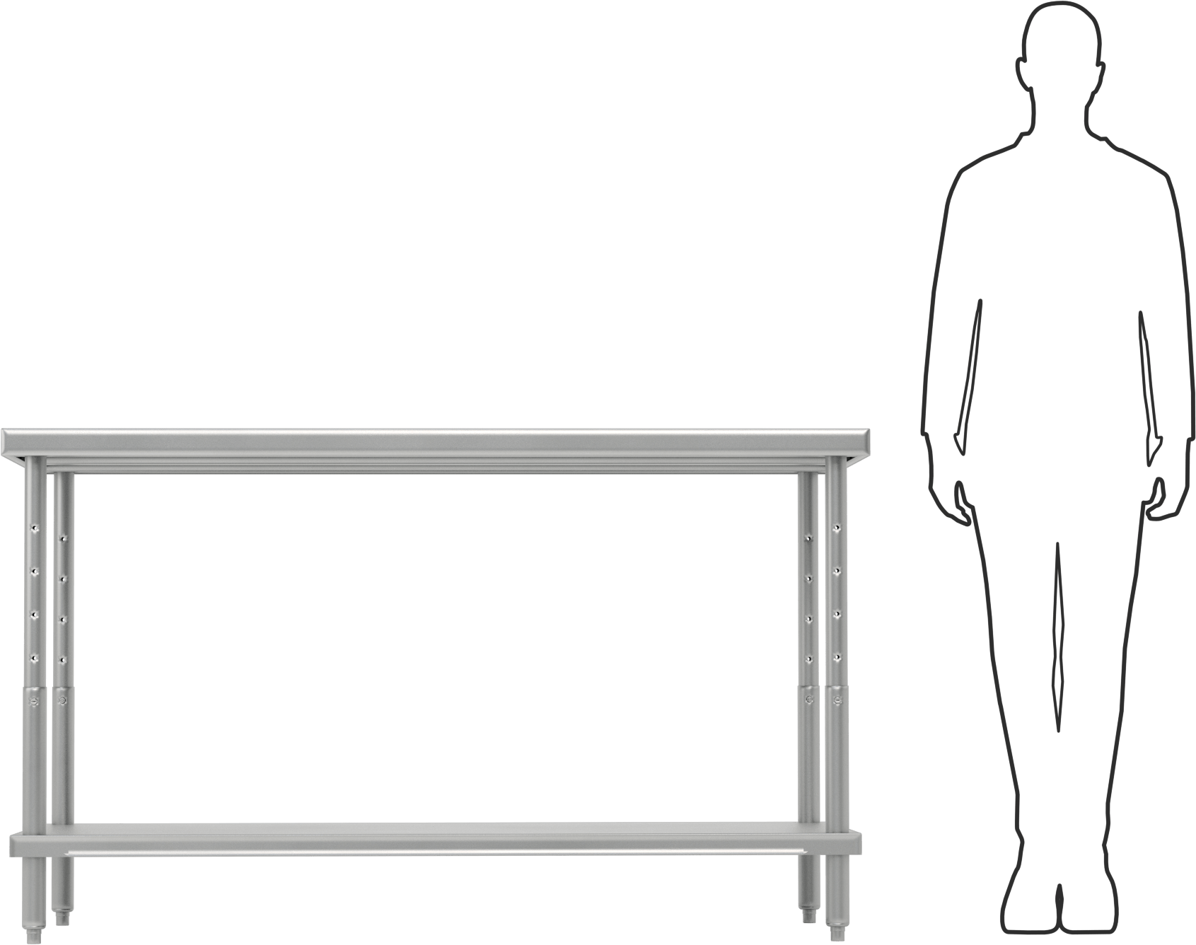Yüksekliği Ayarlanabilir Paslanmaz Çelik Masa, Sabit, Raflı, 24“-36” Yükseklik x 60“ Genişlik x 30” Derinlik