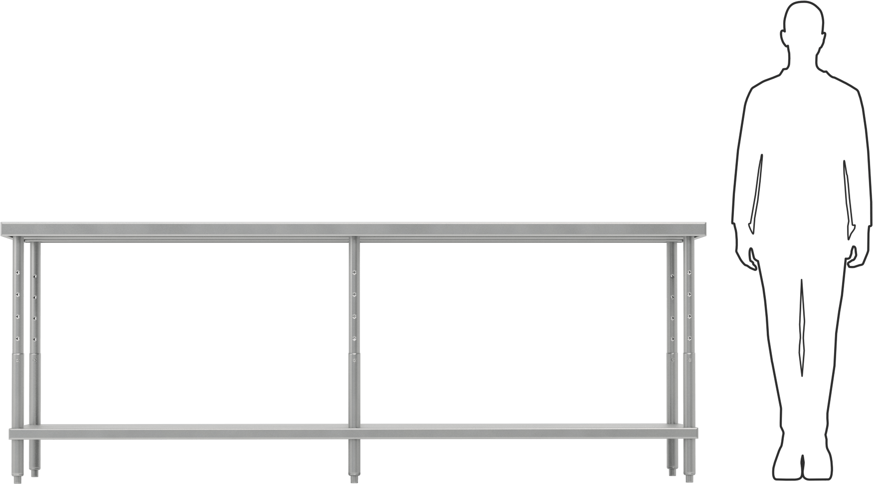 Yüksekliği Ayarlanabilir Paslanmaz Çelik Masa, Sabit, Raflı, 24“-36” Yükseklik x 96“ Genişlik x 30” Derinlik