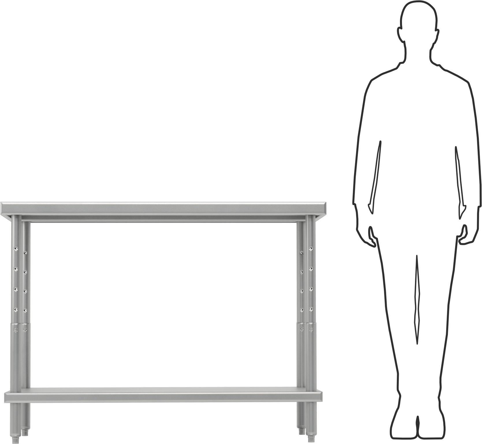 Yüksekliği Ayarlanabilir Paslanmaz Çelik Masa, Raflı, 24“-36” Yükseklik x 48“ Genişlik x 24” Derinlik