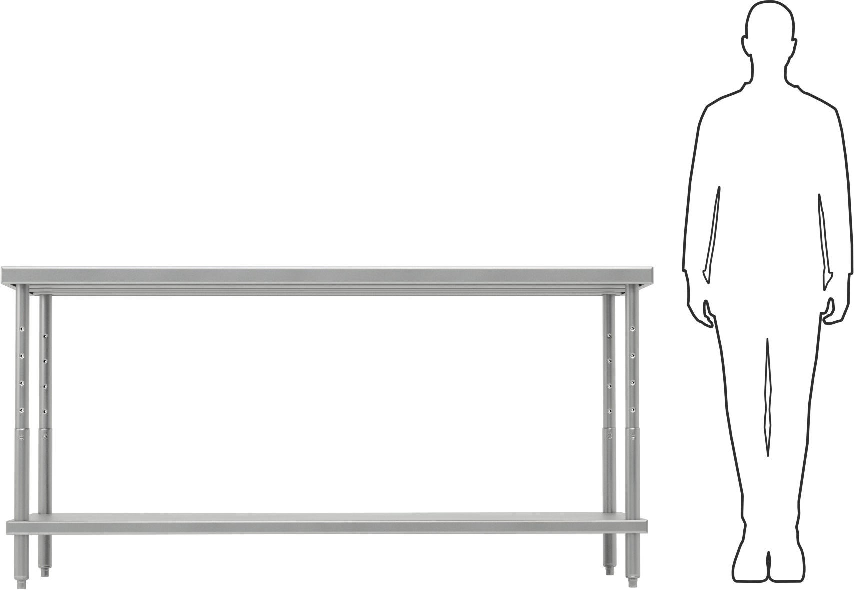 Yüksekliği Ayarlanabilir Paslanmaz Çelik Masa, Raflı, 24“-36” Yükseklik x 72“ Genişlik x 36” Derinlik