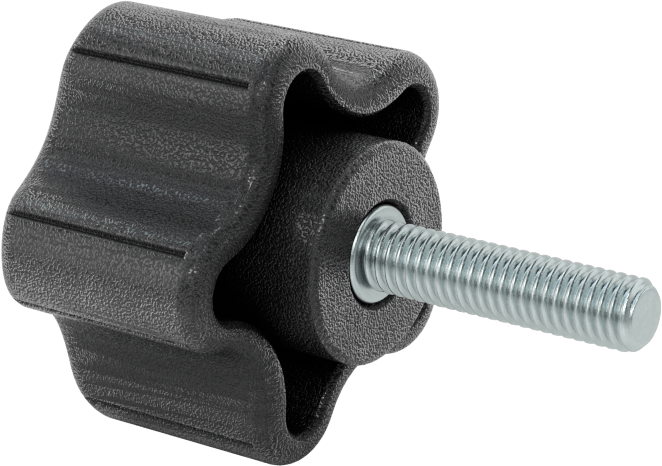 Rahat Tutuşlu Plastik Beş Kollu Topuz, M6 x 1 mm Dişli 25 mm Uzunlukta Saplama ile, 39 mm Geniş Başlık