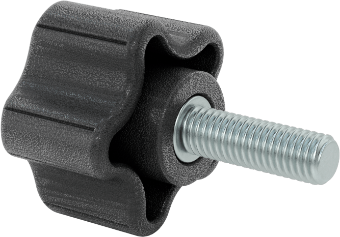 Rahat Tutuşlu Plastik Beş Kollu Topuz, M8 x 1,25 mm Dişli 25 mm Uzunlukta Saplama, 39 mm Geniş Başlık
