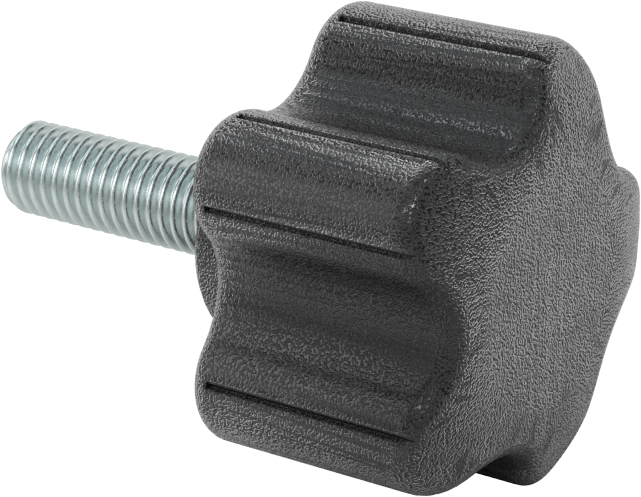 Rahat Tutuşlu Plastik Beş Kollu Topuz, M8 x 1,25 mm Dişli 25 mm Uzunlukta Saplama, 39 mm Geniş Başlık