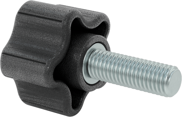 Rahat Tutuşlu Plastik Beş Kollu Topuz, M10 x 1,5 mm Dişli 30 mm Uzunlukta Saplama ile, 39 mm Geniş Başlık