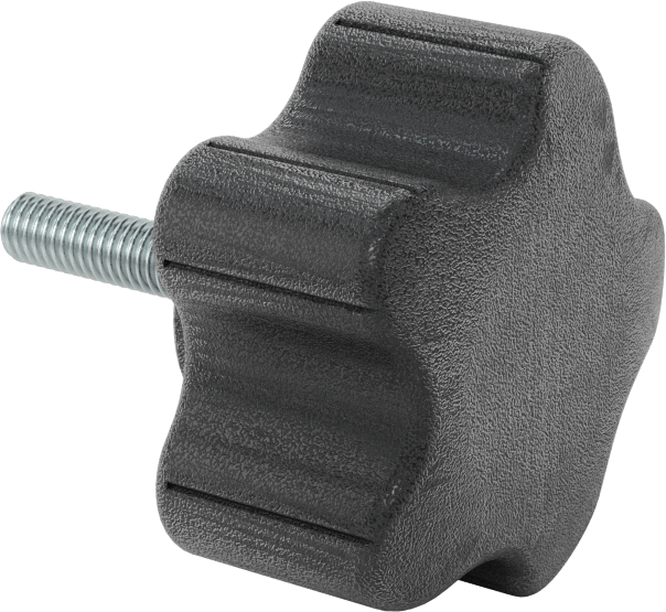 Rahat Tutuşlu Plastik Beş Kollu Topuz, M6 x 1 mm Dişli 25 mm Uzunlukta Saplama ile, 48 mm Genişlikte Başlık