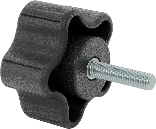 Rahat Tutuşlu Plastik Beş Kollu Topuz, M6 x 1 mm Dişli 25 mm Uzunlukta Saplama ile, 48 mm Genişlikte Başlık