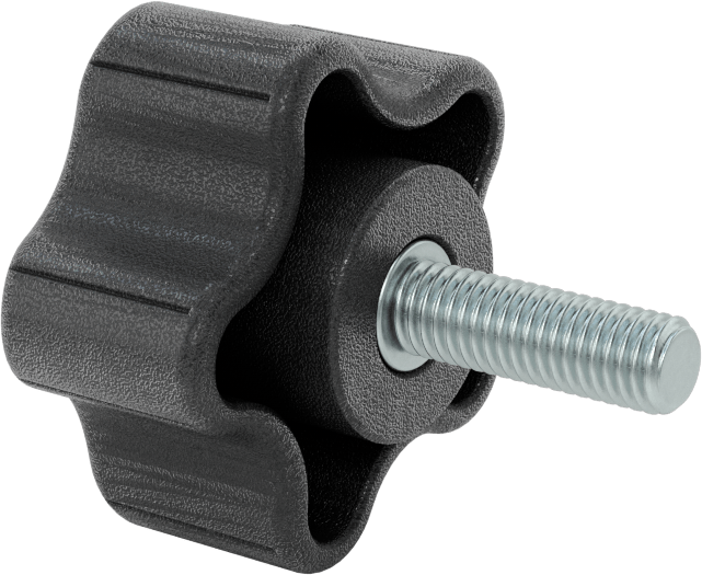 Rahat Tutuşlu Plastik Beş Kollu Topuz, M8 x 1,25 mm Dişli 25 mm Uzunlukta Saplama, 48 mm Genişlikte Başlık