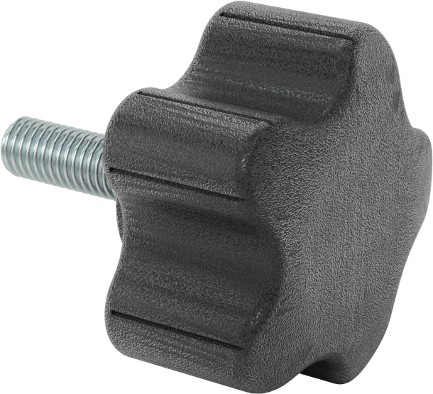 Rahat Tutuşlu Plastik Beş Kollu Topuz, M8 x 1,25 mm Dişli 25 mm Uzunlukta Saplama, 48 mm Genişlikte Başlık
