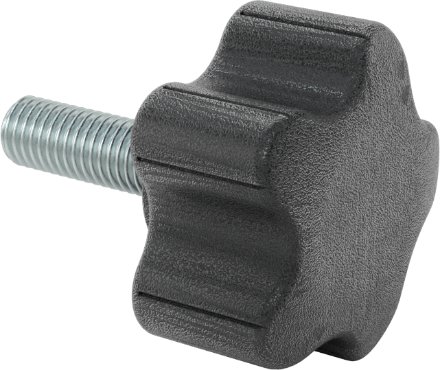 Rahat Tutuşlu Plastik Beş Kollu Topuz, M10 x 1,5 mm Dişli 30 mm Uzunlukta Saplama ile, 48 mm Genişlikte Başlık