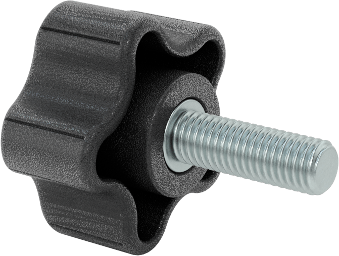 Rahat Tutuşlu Plastik Beş Kollu Topuz, M10 x 1,5 mm Dişli 30 mm Uzunlukta Saplama ile, 48 mm Genişlikte Başlık