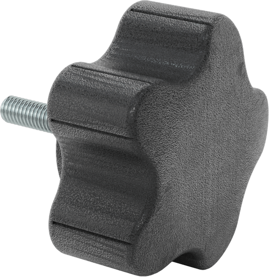 Rahat Tutuşlu Plastik Beş Kollu Topuz, M6 x 1 mm Dişli 25 mm Uzunlukta Saplama ile, 57 mm Genişlikte Başlık