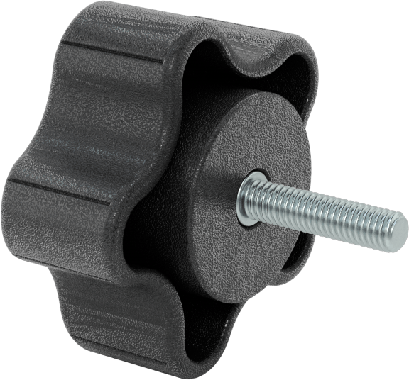 Rahat Tutuşlu Plastik Beş Kollu Topuz, M6 x 1 mm Dişli 25 mm Uzunlukta Saplama ile, 57 mm Genişlikte Başlık