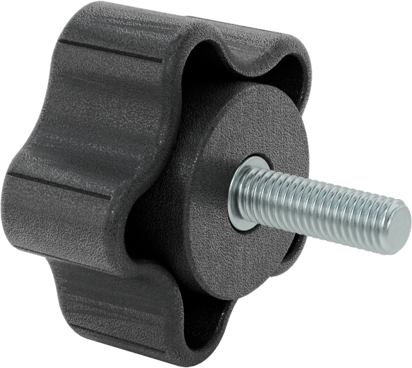 Rahat Tutuşlu Plastik Beş Kollu Topuz, M8 x 1,25 mm Dişli 25 mm Uzunlukta Saplama, 57 mm Genişlikte Başlık