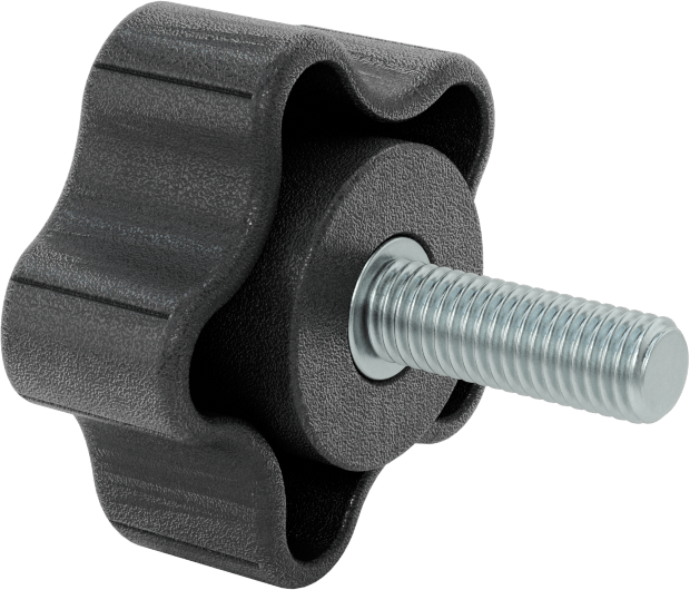Rahat Tutuşlu Plastik Beş Kollu Topuz, M10 x 1,5 mm Dişli 30 mm Uzunlukta Saplama ile, 57 mm Genişlikte Başlık