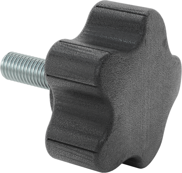 Rahat Tutuşlu Plastik Beş Kollu Topuz, M10 x 1,5 mm Dişli 30 mm Uzunlukta Saplama ile, 57 mm Genişlikte Başlık