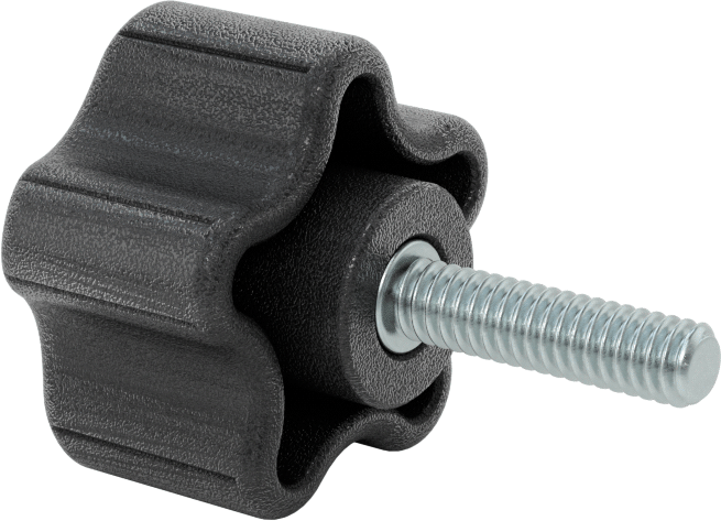 Rahat Tutuşlu Plastik Beş Kollu Topuz, 1/4“-20 Dişli 1” Uzunlukta Saplama, 1-1/2" Genişlik Başlık
