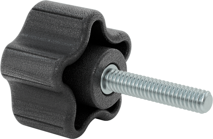 Rahat Tutuşlu Plastik Beş Kollu Topuz, 1/4“-20 Dişli 1-1/4” Uzunluğunda Saplama ile, 1-1/2" Genişlik Başlık