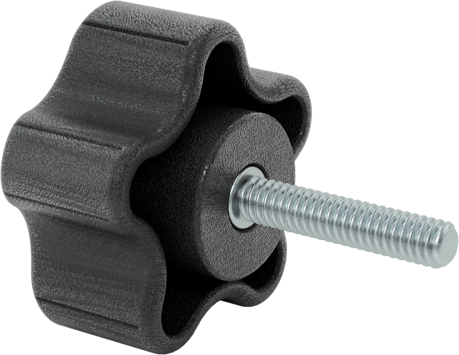 Rahat Tutuşlu Plastik Beş Kollu Topuz, 1/4“-20 Dişli 1-1/4” Uzunluğunda Saplama ile, 1-7/8" Genişlikte Başlık