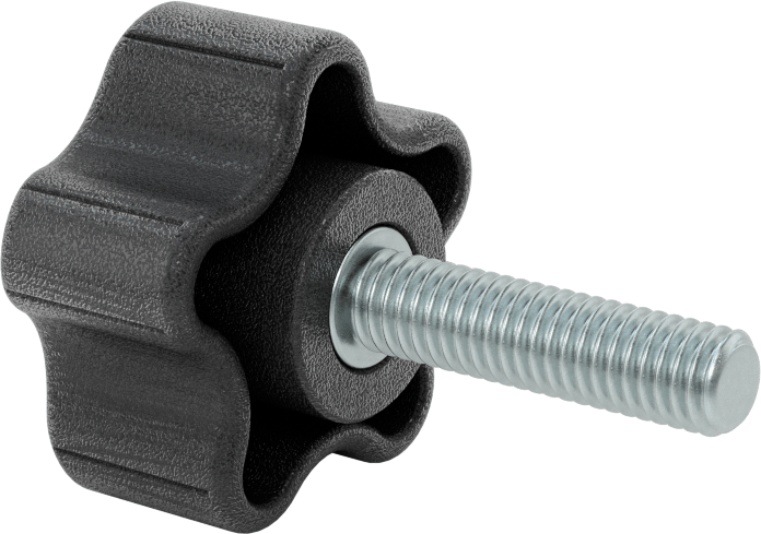 Rahat Tutuşlu Plastik Beş Kollu Topuz, 3/8“-16 Dişli 1-1/2” Uzunlukta Saplama ile, 1-7/8" Genişlikte Başlık