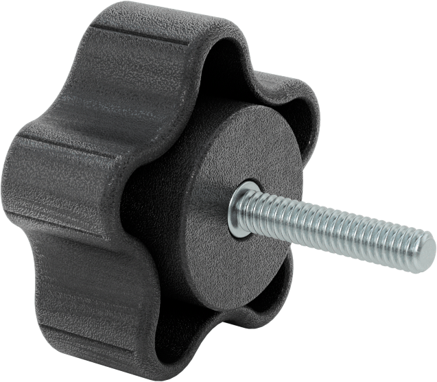 Rahat Tutuşlu Plastik Beş Kollu Topuz, 1/4“-20 Dişli 1-1/4” Uzunluğunda Saplama ile, 2-1/4" Genişlikte Başlık