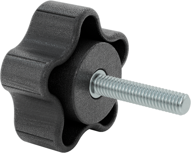 Rahat Tutuşlu Plastik Beş Kollu Topuz, 5/16“-18 Dişli 1-1/2” Uzunlukta Saplama, 2-1/4" Genişlikte Başlık