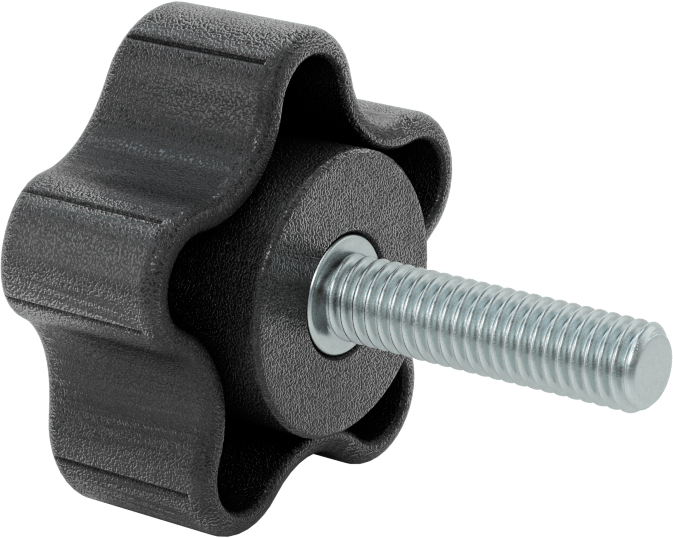 Rahat Tutuşlu Plastik Beş Kollu Topuz, 3/8“-16 Dişli 1-1/2” Uzunlukta Saplama ile, 2-1/4" Genişlikte Başlık