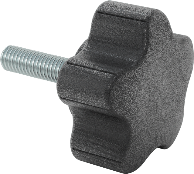 Rahat Tutuşlu Plastik Beş Kollu Topuz, 3/8“-16 Dişli 1-1/2” Uzunlukta Saplama ile, 2-1/4" Genişlikte Başlık