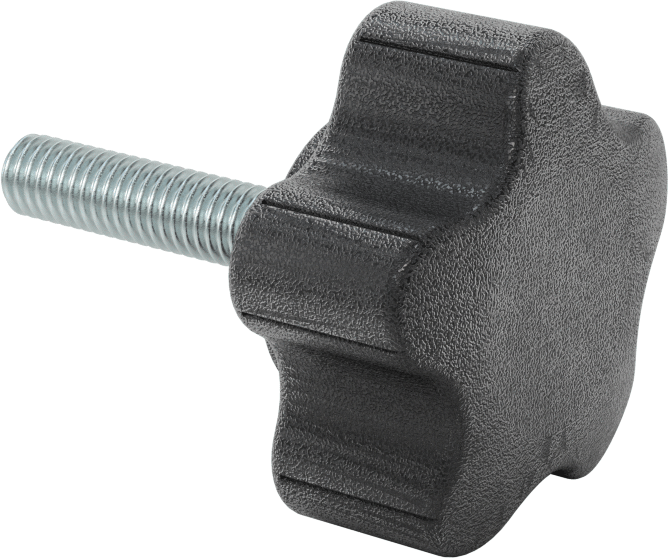 Rahat Tutuşlu Plastik Beş Kollu Topuz, 3/8“-16 Dişli 1-3/4” Uzunlukta Saplama ile, 2-1/4" Genişlikte Başlık