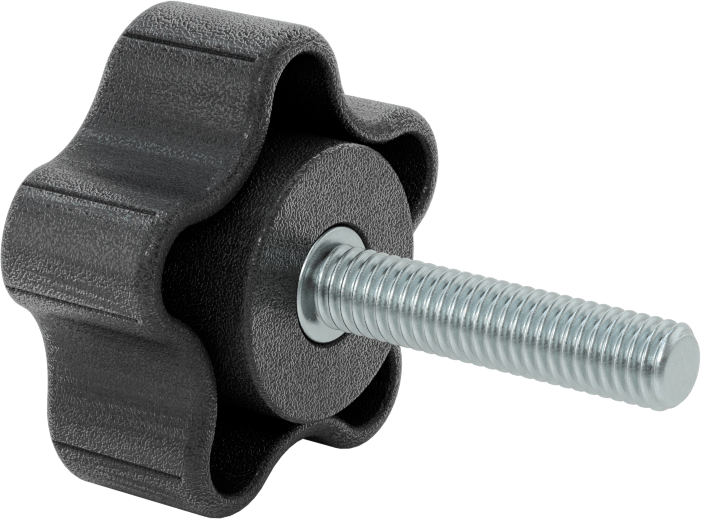 Rahat Tutuşlu Plastik Beş Kollu Topuz, 3/8“-16 Dişli 1-3/4” Uzunlukta Saplama ile, 2-1/4" Genişlikte Başlık
