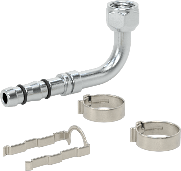 Soğutucu Akışkan Hortumu Bağlantı Parçası, 90 Derece, 13/32" Hortum İç Çapı, O-Ring Pilot 5/8"-18 Dişi Boru