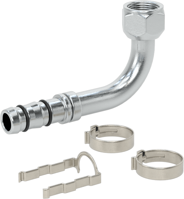 Soğutucu Akışkan Hortumu Bağlantı Parçası, 90 Derece, 5/8“ Hortum İç Çap x O-Ring Pilot 7/8”-14 Dişi Boru