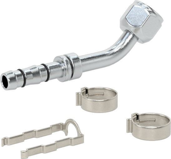 Soğutucu Akışkan Hortumu Bağlantı Parçası, 45 Derece, 13/32" Hortum İç Çapı, O-Ring Pilot 3/4"-16 Dişi Boru