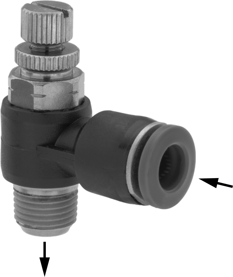 Hava Akışı Kontrol Valfi, Dirsek, 1/4" Push-Connect Dişi Giriş x 3/8 NPT Çıkış