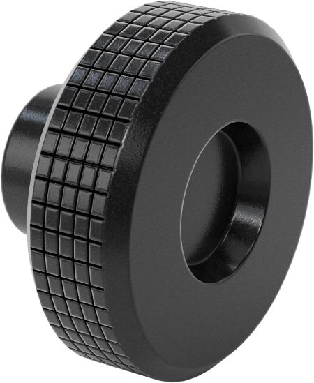 Siyah Polipropilen Tırtıllı Topuz, 1/4"-20 Dişli Delikli, 1-9/16" Baş Çapı